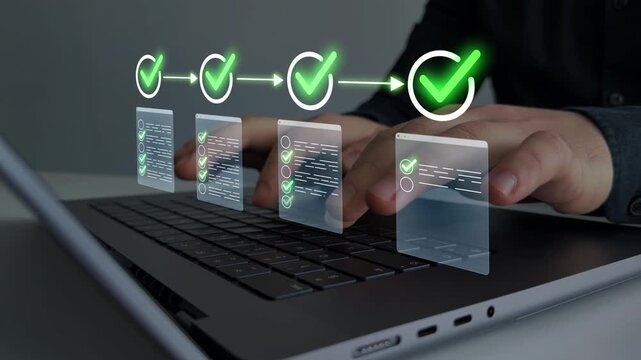 Business checklist interface showing completed tasks, milestones and workflow progress. Professional project management, quality control and document approval concept.