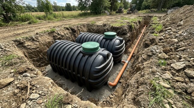 Two black plastic septic tanks installed in a trench at a construction site