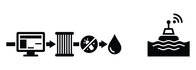 Sequential diagram illustrating water purification process through multiple stages: pre-filtration, filtration, chemical treatment, and final water quality monitored by remote sensor buoy system. © Akbar-Visuals