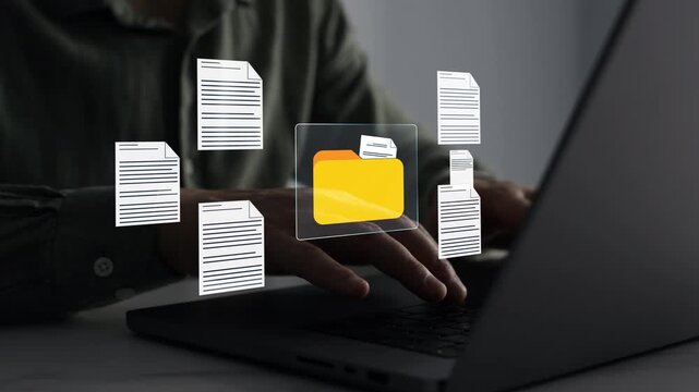 Digital document management system with organized files, secure storage and workflow automation. Business data organization, cloud archive, enterprise records and office productivity concept.