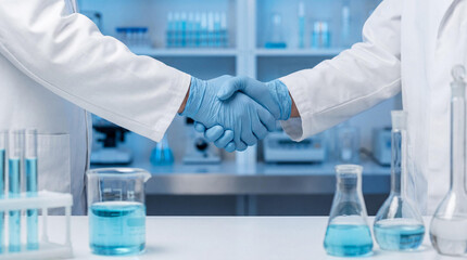Fototapeta premium Two scientists in lab coats and gloves sealing a scientific partnership with a handshake in a *research laboratory