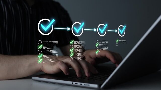 Digital task management with checkmark, workflow optimization and project planning. Corporate productivity, document review and business process automation concept.