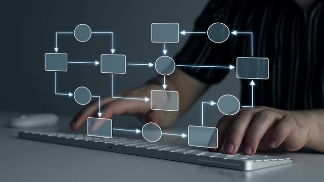Modern enterprise data management system showing hierarchical structure, workflow organization, database architecture and corporate information technology.