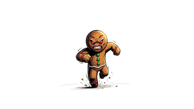 Angry Gingerbread Man Character Running on White Background