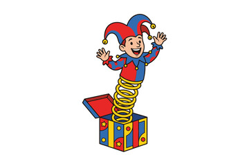 Naklejka premium Jack-in-the-Box Jester Toy Popping Out of Box Illustration