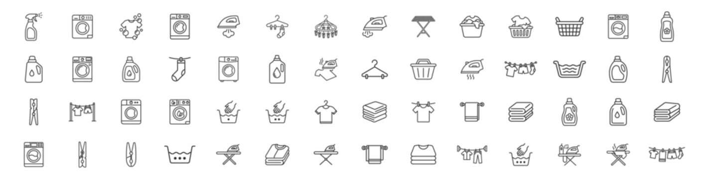 Laundry and ironing icons set with washing machine detergent clothes hanger and clothespins collection on transparent background