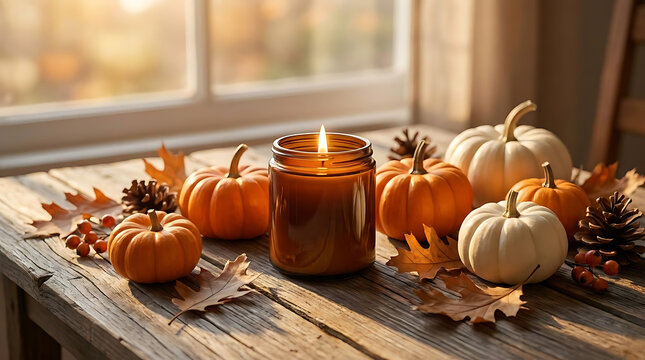 Warm candle glow illuminates autumn harvest pumpkins and leaves on rustic table