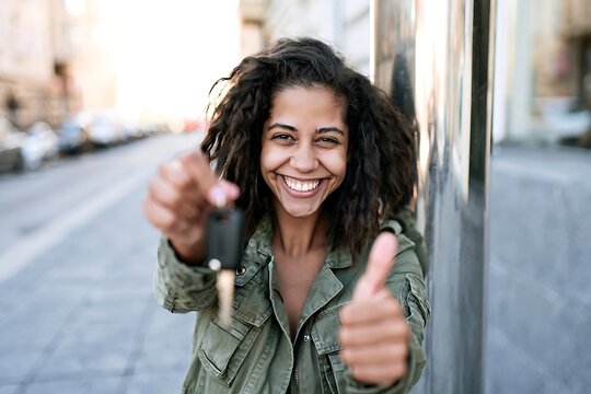 Happy young woman holding car keys and giving a thumbs up gesture.