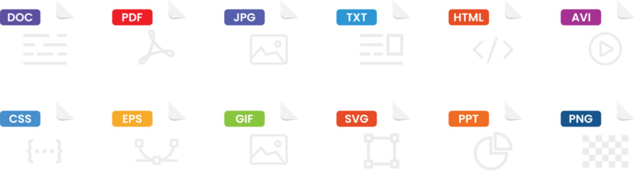 File Format Document Designs for PDF, DOC, JPG, PNG, SVG, EPS, HTML, CSS, TXT, GIF, AVI, and Presentation Files