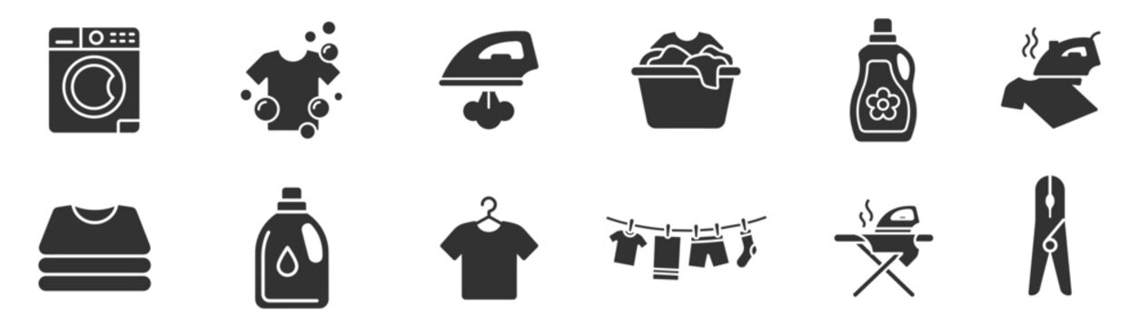 laundry icons set with washing machine, detergent bottle, iron, clothes, laundry basket, clothespin, and drying line on transparent background