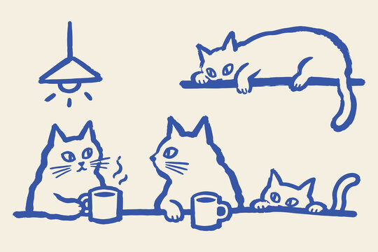 Cats Drinking Coffee Naive Abstract Vector Illustration