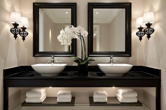 Luxurious hotel bathroom with double sinks, mirrors, and orchids.