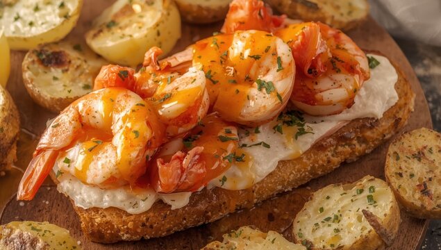 Seafood sandwich topped with white fish, shrimp, lobster, scallops, potatoes, and saffron sauce.
