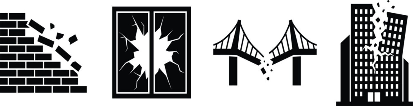 Structural damage and disaster concept black silhouette icons set featuring collapsing brick wall broken window smashed bridge and cracked building