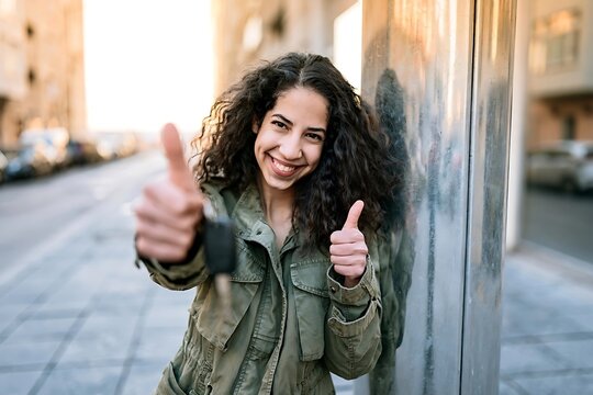 Young Woman Giving Thumbs Up Gesture Outdoors.
