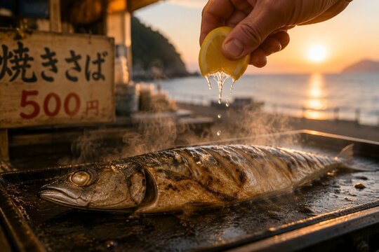 A mackerel grilling on a hotplate, a slice of lemon being squeezed over it.