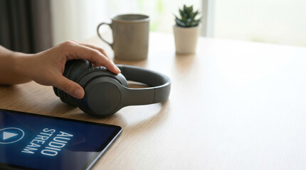 Fototapeta premium Online audio access technology concept with wireless headphones and tablet showing audio stream on wooden table