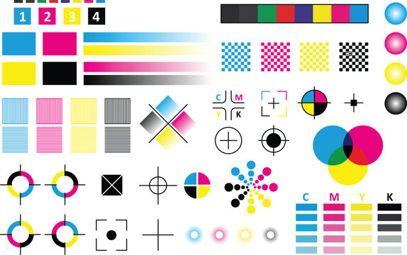 Professional CMYK Print Test Chart with Color Calibration Targets, Registration Marks, Halftone Patterns, and Prepress Quality Control Sheet