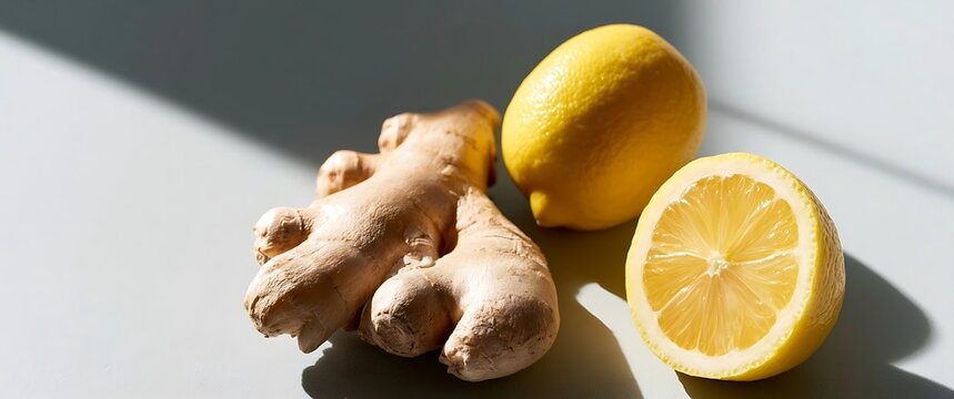 Fresh Ginger Root and Ripe Lemons on a Light Surface with Sunlight Shadows.