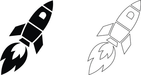 Black solid and outline style rocket launch icons set for technology themes with transport, isolated © Tharul