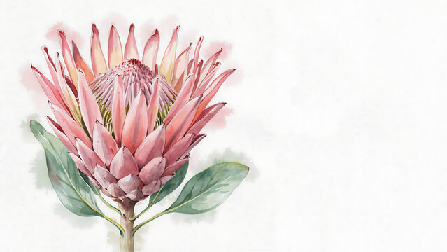A watercolor painting of a pink king protea flower with green leaves isolated on a transparent background
