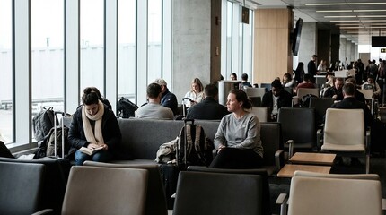 Obraz premium Busy airport terminal waiting area with travelers seated near large windows, calm neutral mood with quiet anticipation, suitable for travel delays commuting and business trips