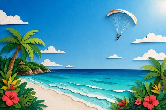 Paper Craft Tropical Beach with Paragliding Silhouette and Palm Trees