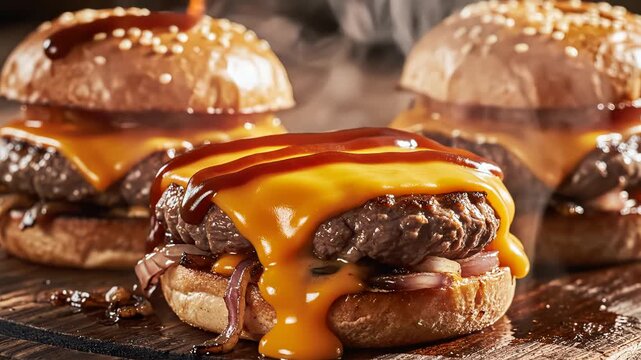 Slow Motion Sauce Pouring Over Three Sizzling Cheeseburgers with Melted Cheddar and Caramelized Onions