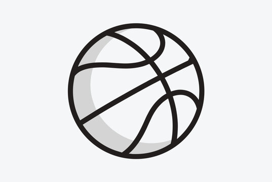 Graphic vector icon of a classic basketball ball with clean bold outlines, isolated on a light gray background.