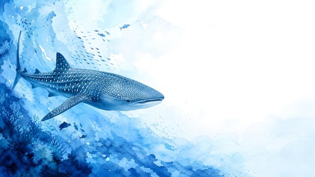 Graceful Whale Shark Swimming Watercolor Painting For Eco Friendly Sustainable International Wildlife Protection Banner Splashed White Paper Background