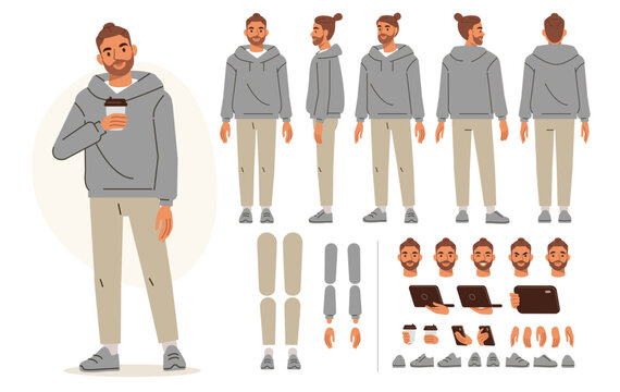 Digital nomad male character wearing hoodie with take away coffee cup. Collection of poses and postures for animation vector illustration. Front, side, back view set. 