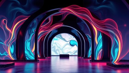 Fototapeta premium Abstract corridor features glowing arches, vibrant colors. Swirling light creates surreal, futuristic space. Dark background emphasizes luminosity.