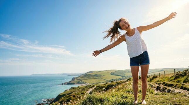Happy young woman standing with arms outstretched on a coastal cliff