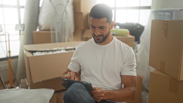Man tapping tablet amid cardboard moving boxes and packing materials in apartment livingroom; settling contentment.