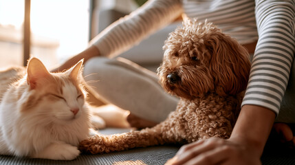 Plakat Person stretching gently on yoga mat beside sleeping cat and curly dog, warm sunlight, calm cozy wellness moment at home with pets.