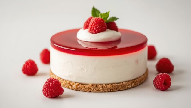 Dessert with whipped white chocolate mousse, raspberry jelly, and almond cookie base, set against a light backdrop.