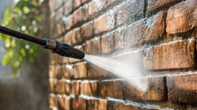High pressure water jet cleaning of a dirty brick wall