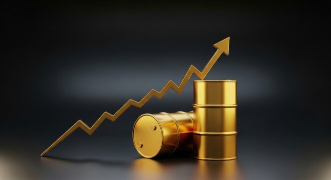 Golden oil barrels with rising arrow chart, crude oil price increase concept, petroleum market growth and energy commodity inflation on dark background