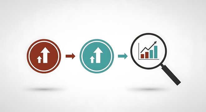 Business growth infographic with upward arrows and magnifying glass, financial data analysis icons, professional market research concept on white background
