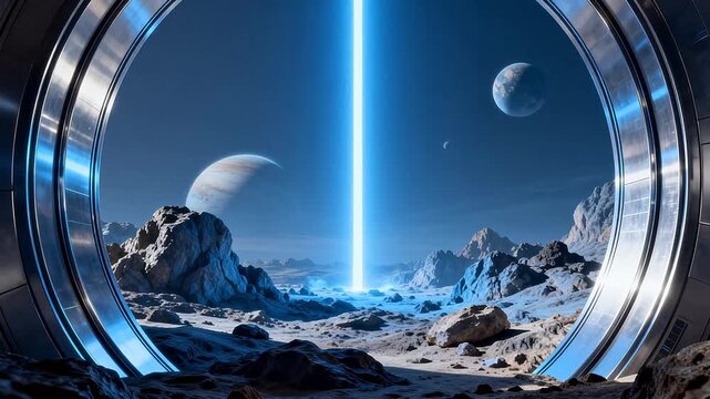 Futuristic space view through circular window