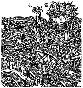 personification of mother nature surrounded and tied up in highways