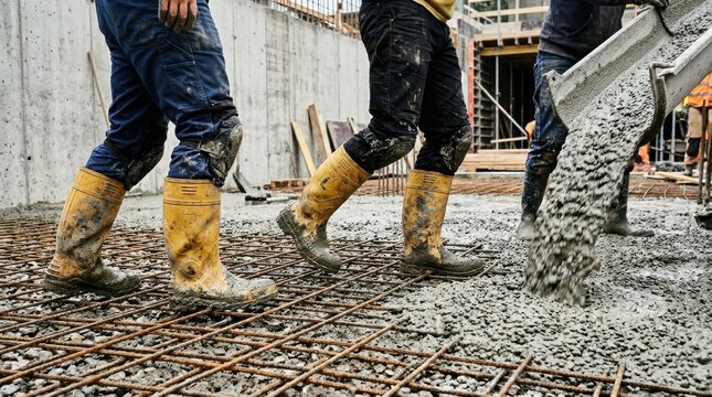Construction workers pouring concrete on a rebar grid at a job site
