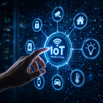 Hand touching Internet of Things digital interface icons screen