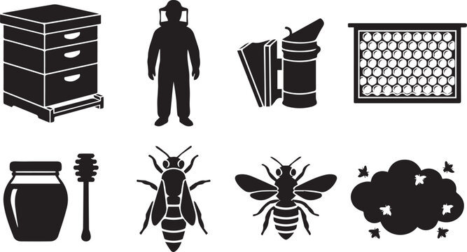 Beekeeping and honey production silhouettes set, apiary elements beekeeper beehive smoker and honey bee vector icons isolated on white background