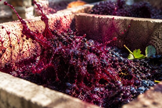 Crushed dark purple grapes releasing juice into a stone trough.