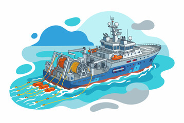 Offshore Seismic Survey Vessel at Sea Vector Illustration © minatunfebila