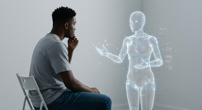 African american man communicating with digital hologram AI robot woman concept of futuristic interaction, virtual assistant support, or advanced technology interface.