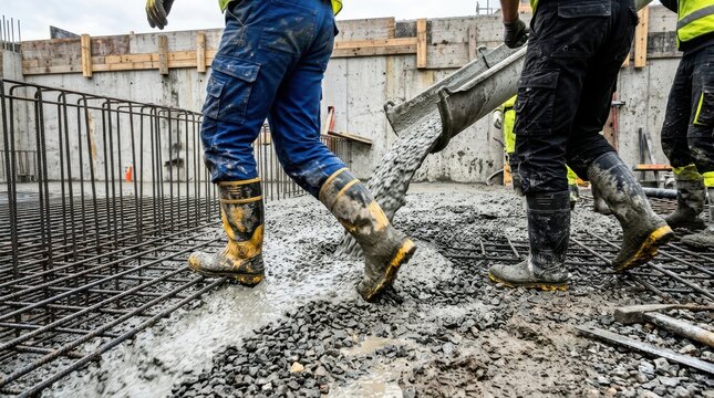 Construction workers pouring wet concrete into a steel rebar foundation
