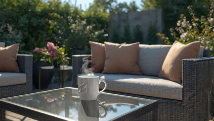 Fototapeta premium A coffee mug on a glass table next to a gray wicker sofa with cushions in a sunny garden.