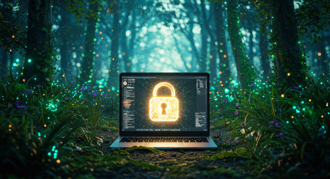 Laptop displaying a glowing padlock in an enchanted forest. Digital privacy and cybersecurity in a natural environment concept.